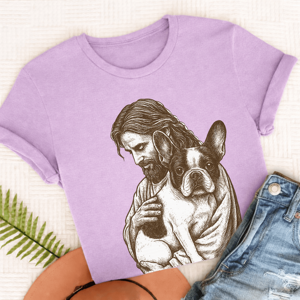 Custom French Bulldog Jesus Unisex TShirt Orchid