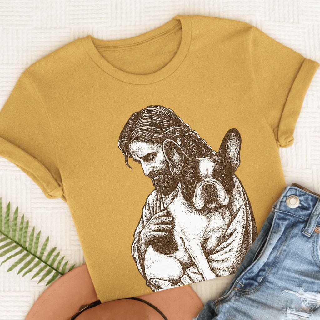 Custom French Bulldog Jesus Unisex TShirt Mustard