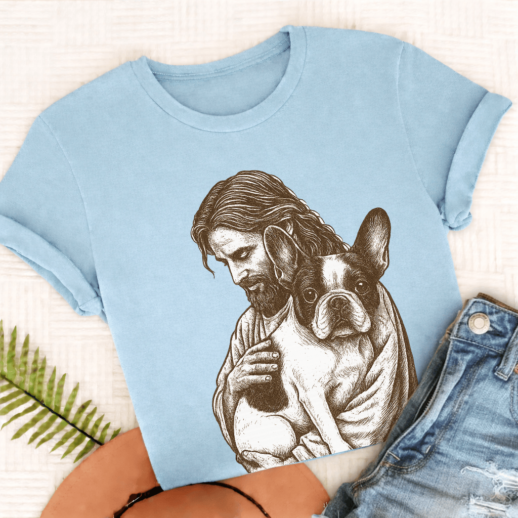 Custom French Bulldog Jesus Unisex TShirt Chambray