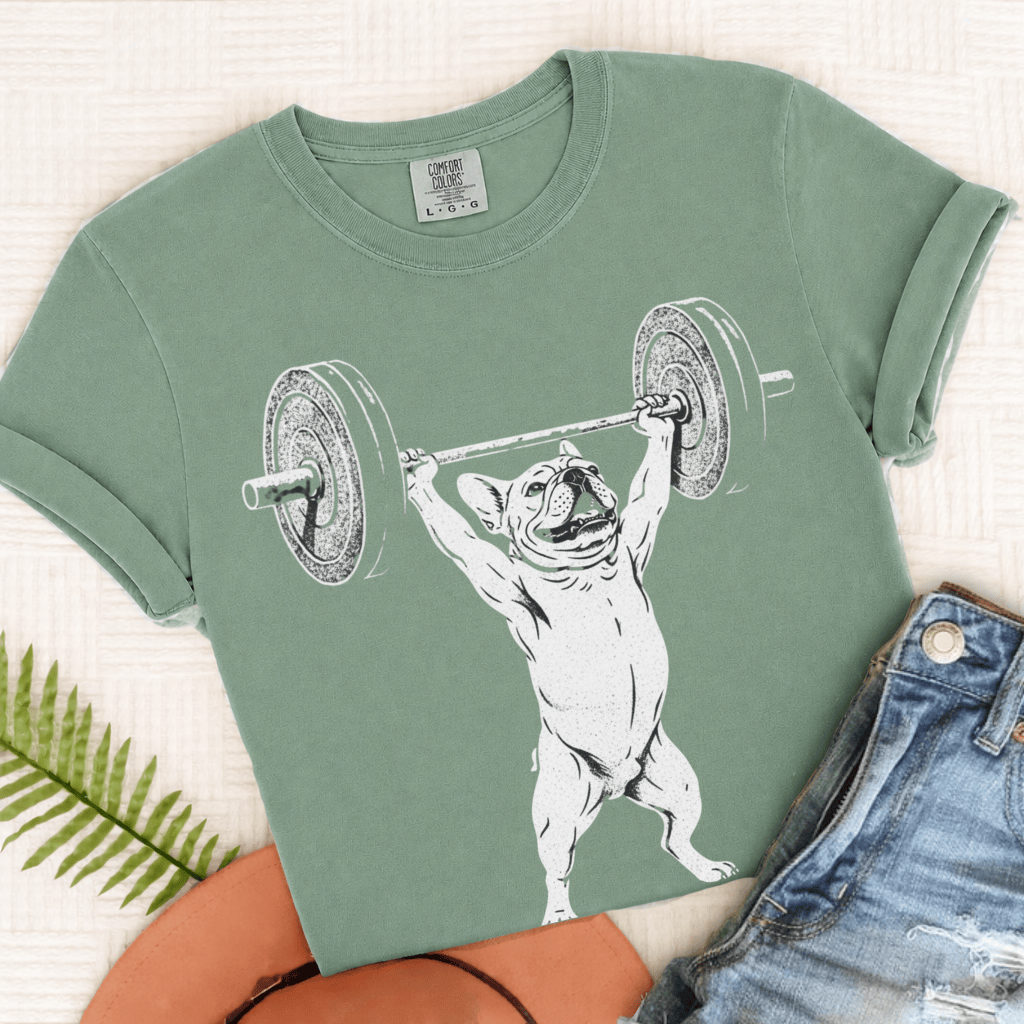 Custom French Bulldog Lifting Weights Unisex TShirt Light Green