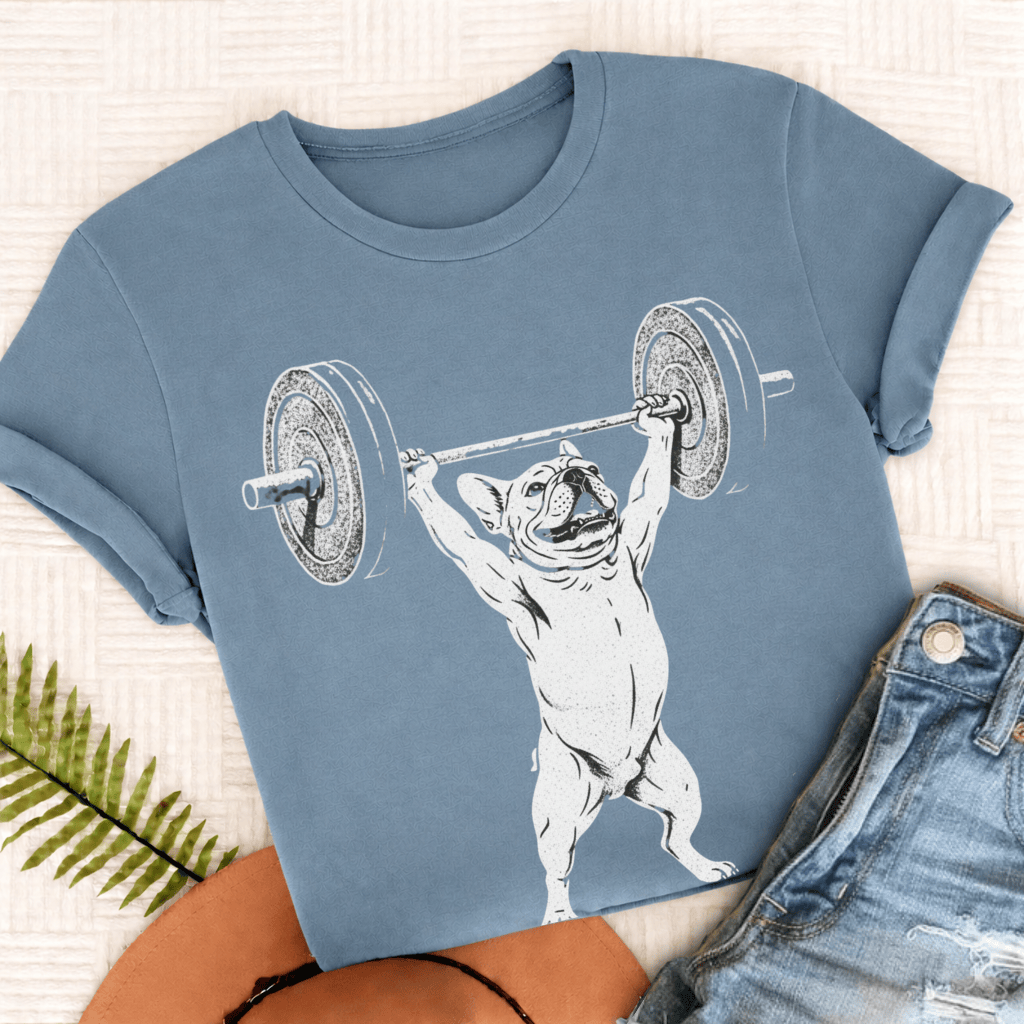 Custom French Bulldog Lifting Weights Unisex TShirt Ice Blue