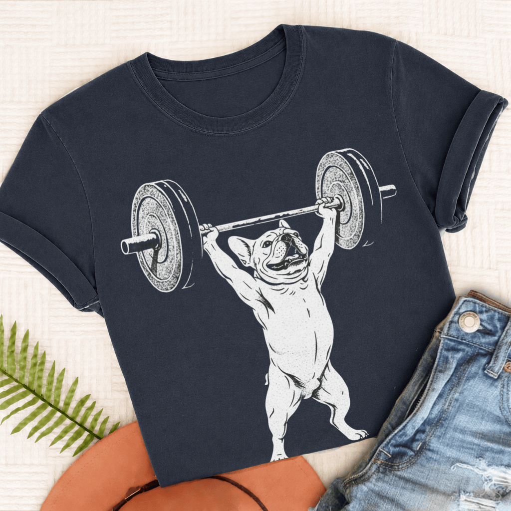 Custom French Bulldog Lifting Weights Unisex TShirt True Navy
