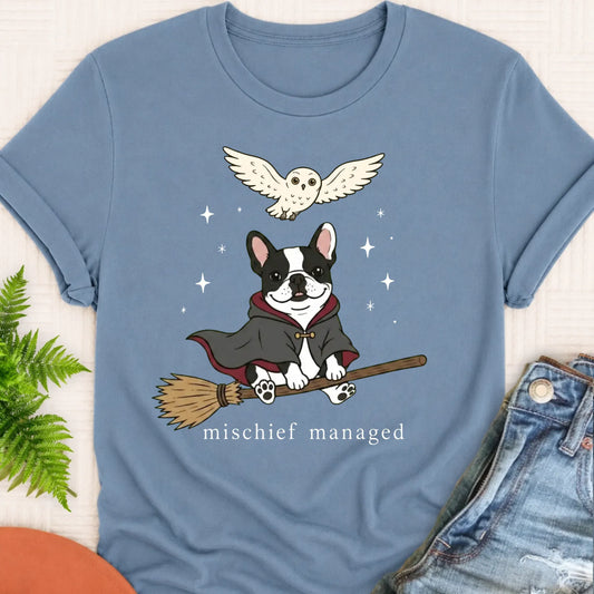 Custom French Bulldog Mischief Managed Unisex TShirt Blue Jean