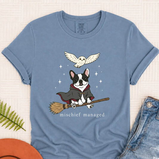 Custom French Bulldog Mischief Managed Unisex TShirt Blue Jean