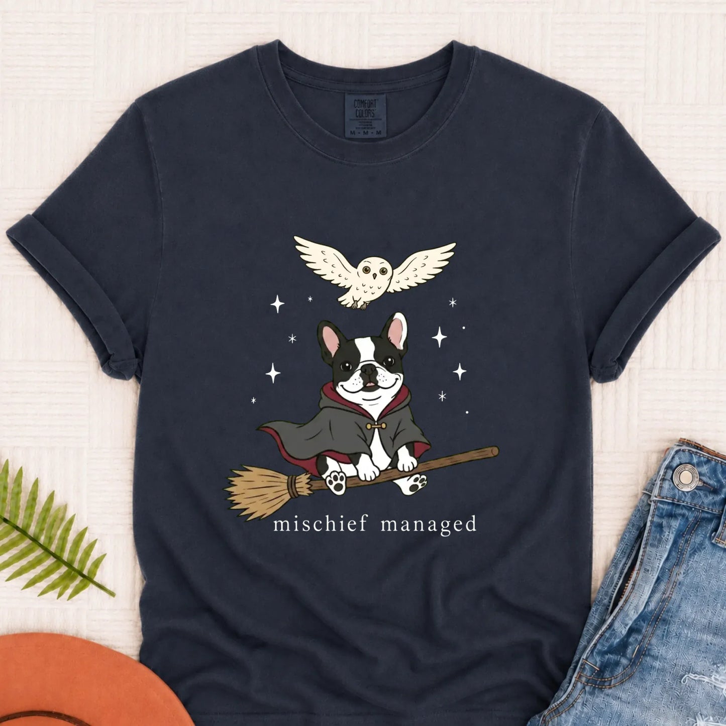 Custom French Bulldog Mischief Managed Unisex TShirt Navy