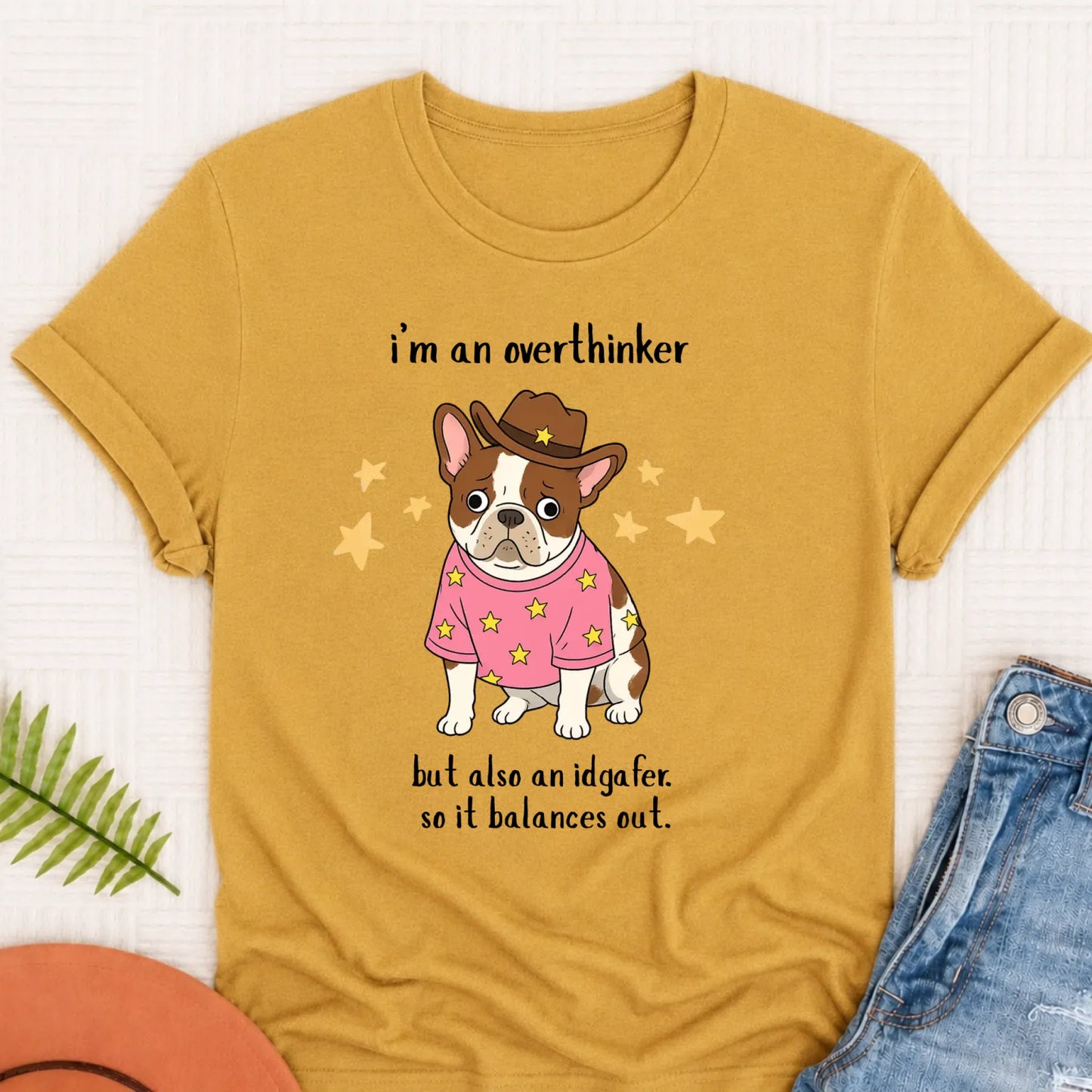 Custom French Bulldog Overthinker Unisex TShirt Mustard