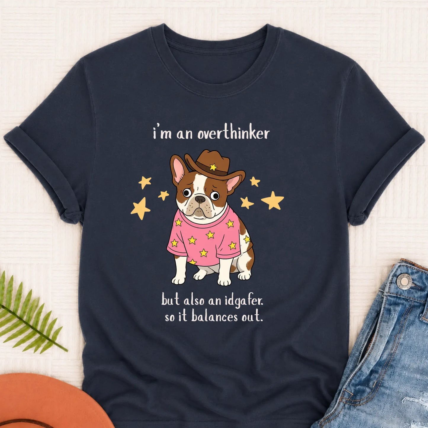 Custom French Bulldog Overthinker Unisex TShirt Navy