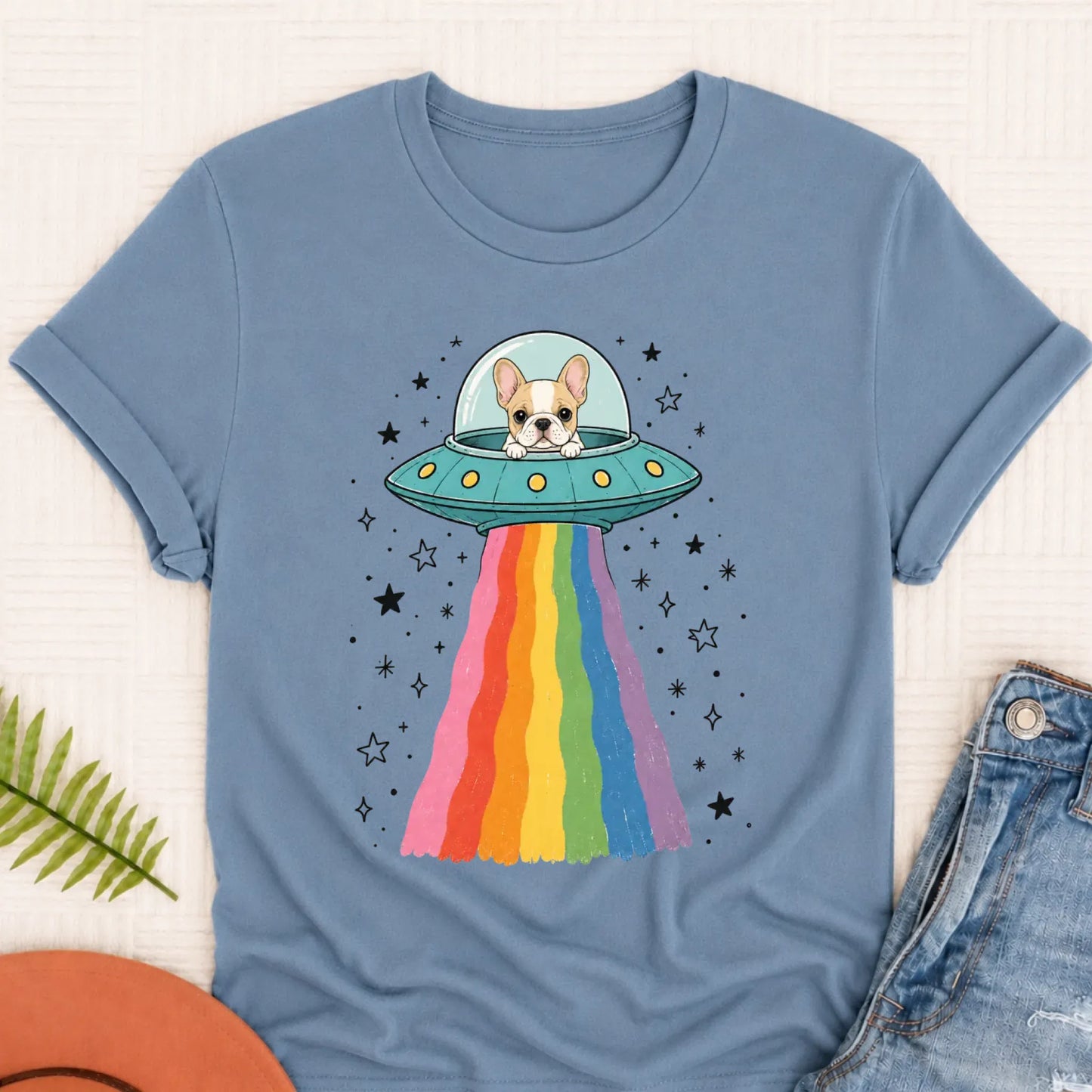 Custom French Bulldog Rainbow UFO Unisex Tshirt Blue Jean