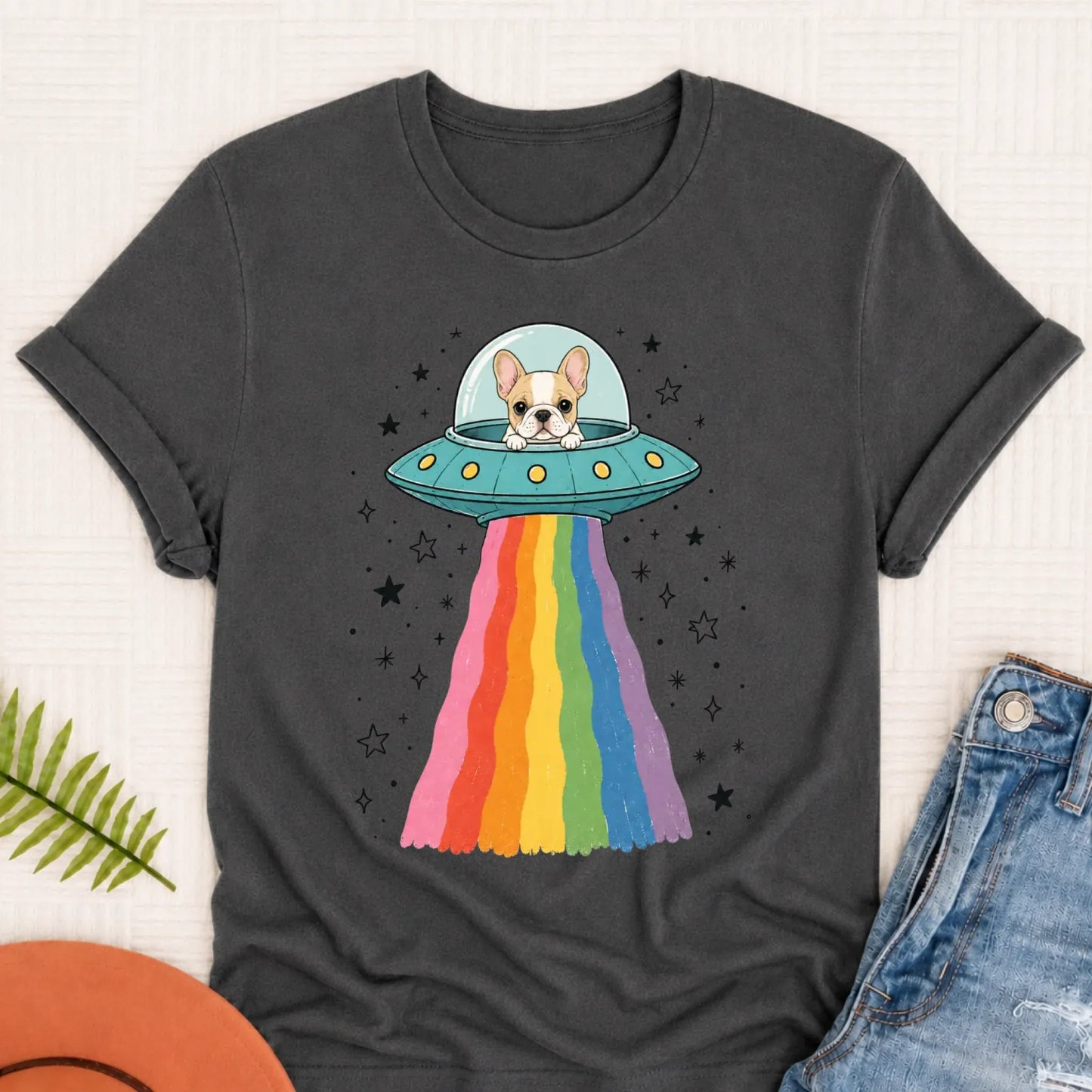 Custom French Bulldog Rainbow UFO Unisex Tshirt Pepper