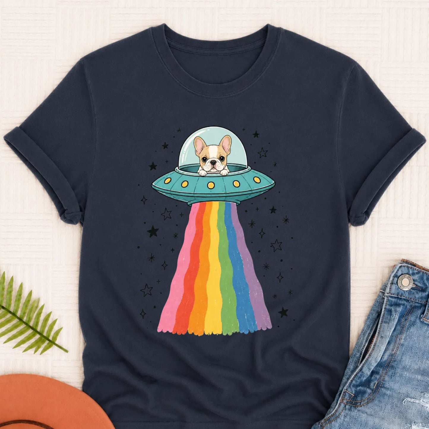 Custom French Bulldog Rainbow UFO Unisex Tshirt Navy