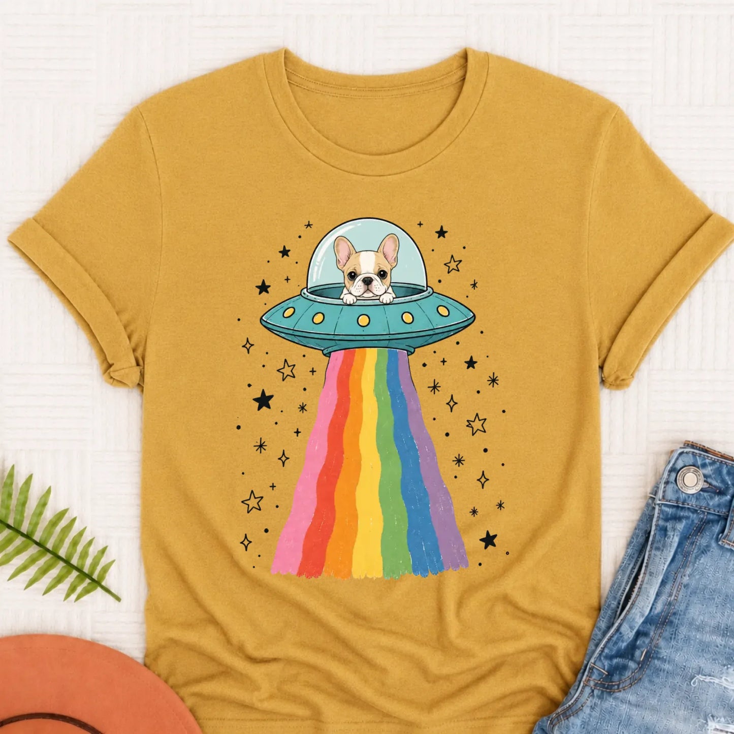 Custom French Bulldog Rainbow UFO Unisex Tshirt Mustard