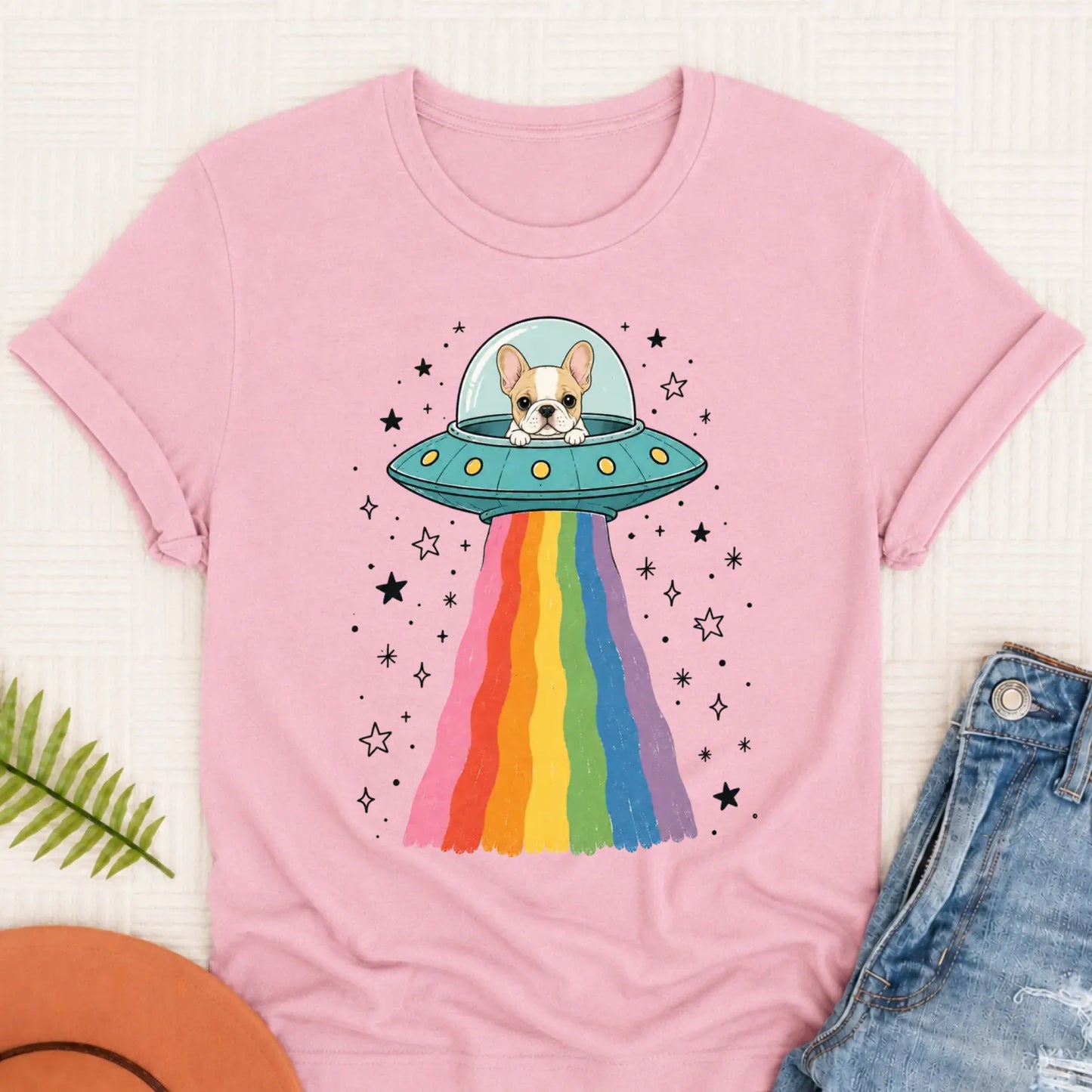 Custom French Bulldog Rainbow UFO Unisex Tshirt Blossom