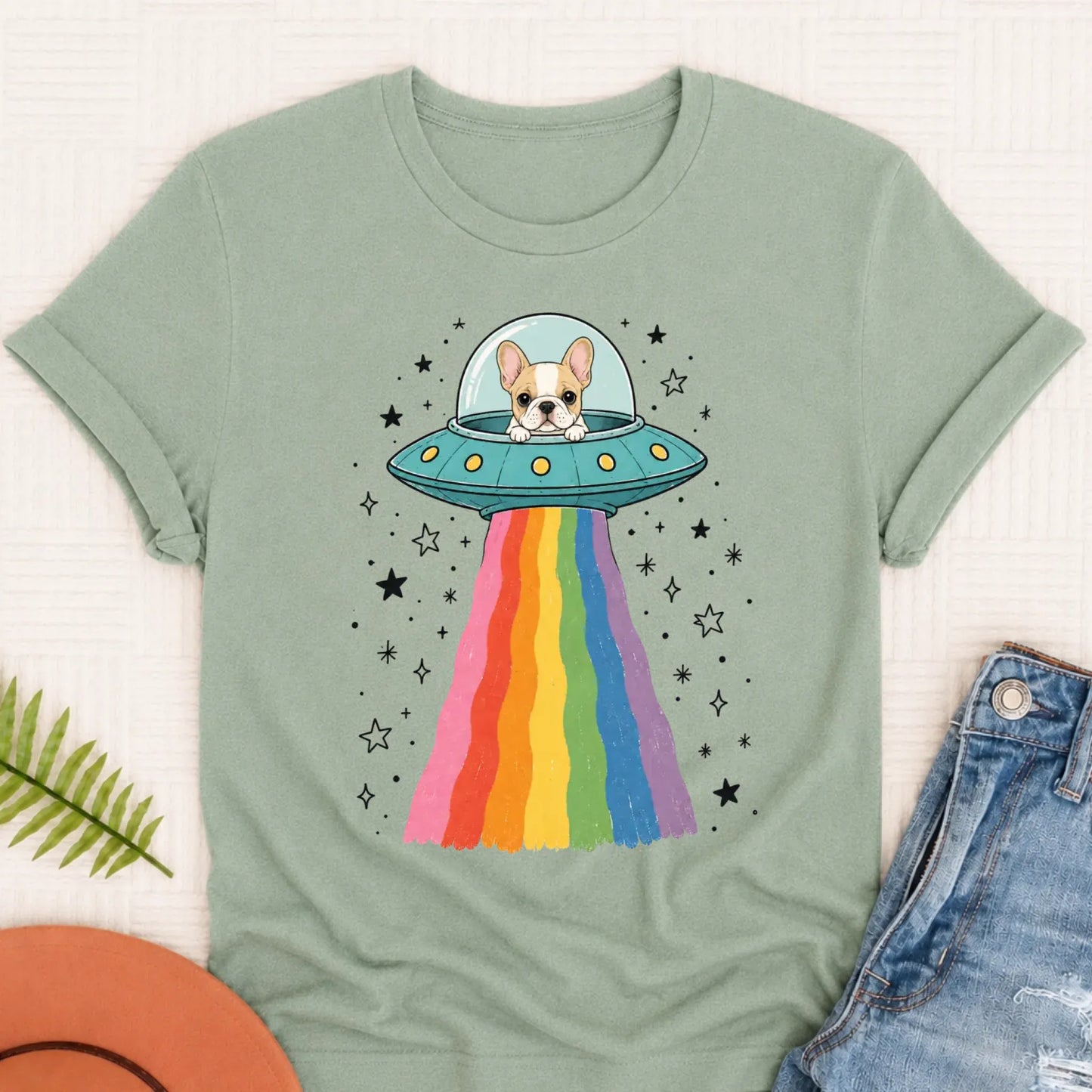 Custom French Bulldog Rainbow UFO Unisex Tshirt 3XL