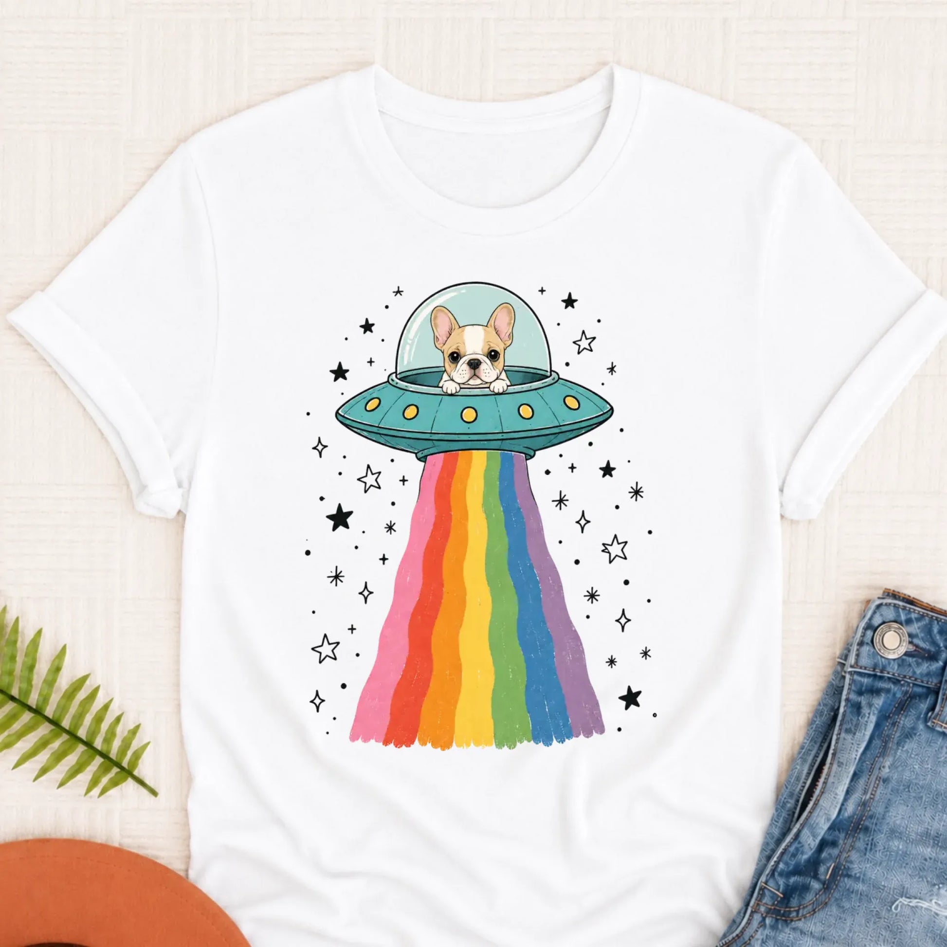 Custom French Bulldog Rainbow UFO Unisex Tshirt White