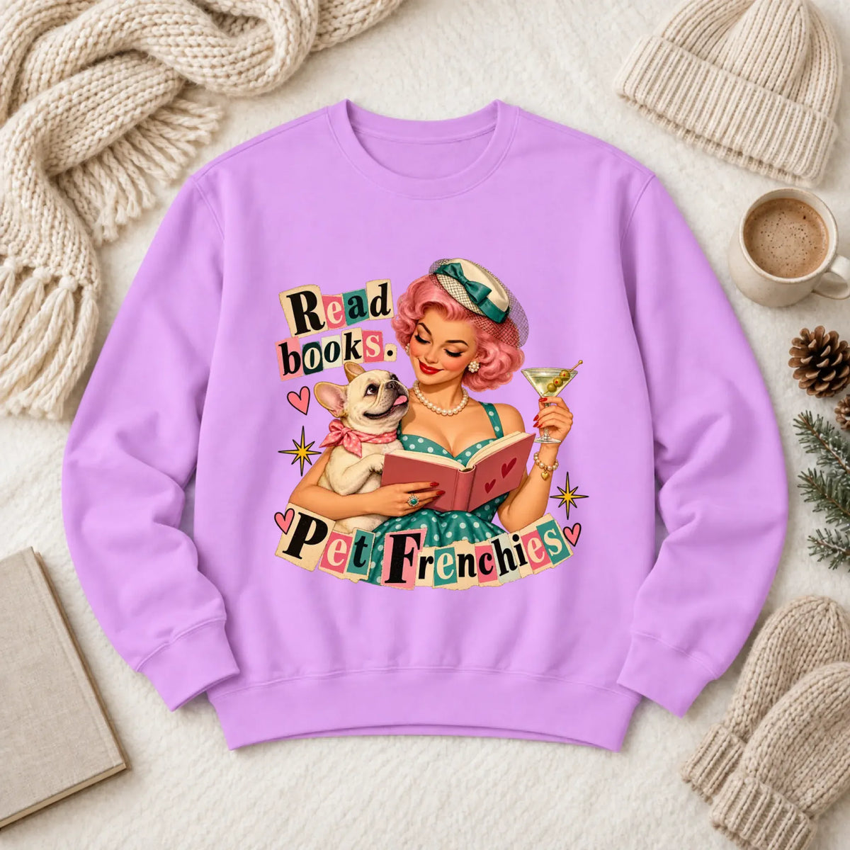 Custom French Bulldog Reading Bookish Unisex Sweatshirt Neon Violet