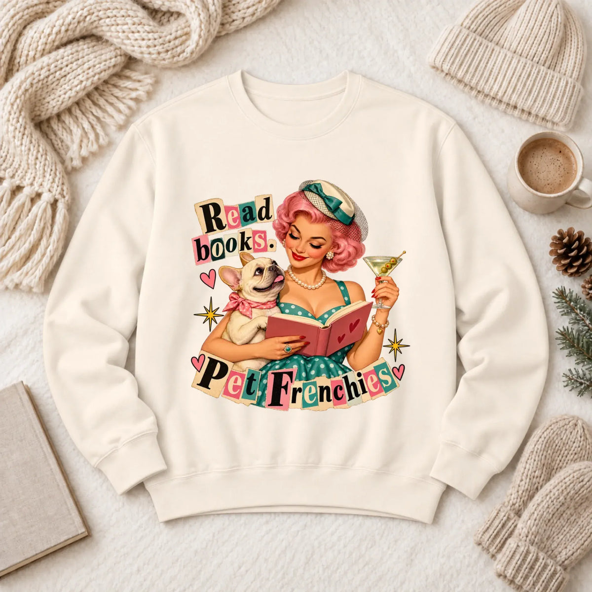 Custom French Bulldog Reading Bookish Unisex Sweatshirt Ivory