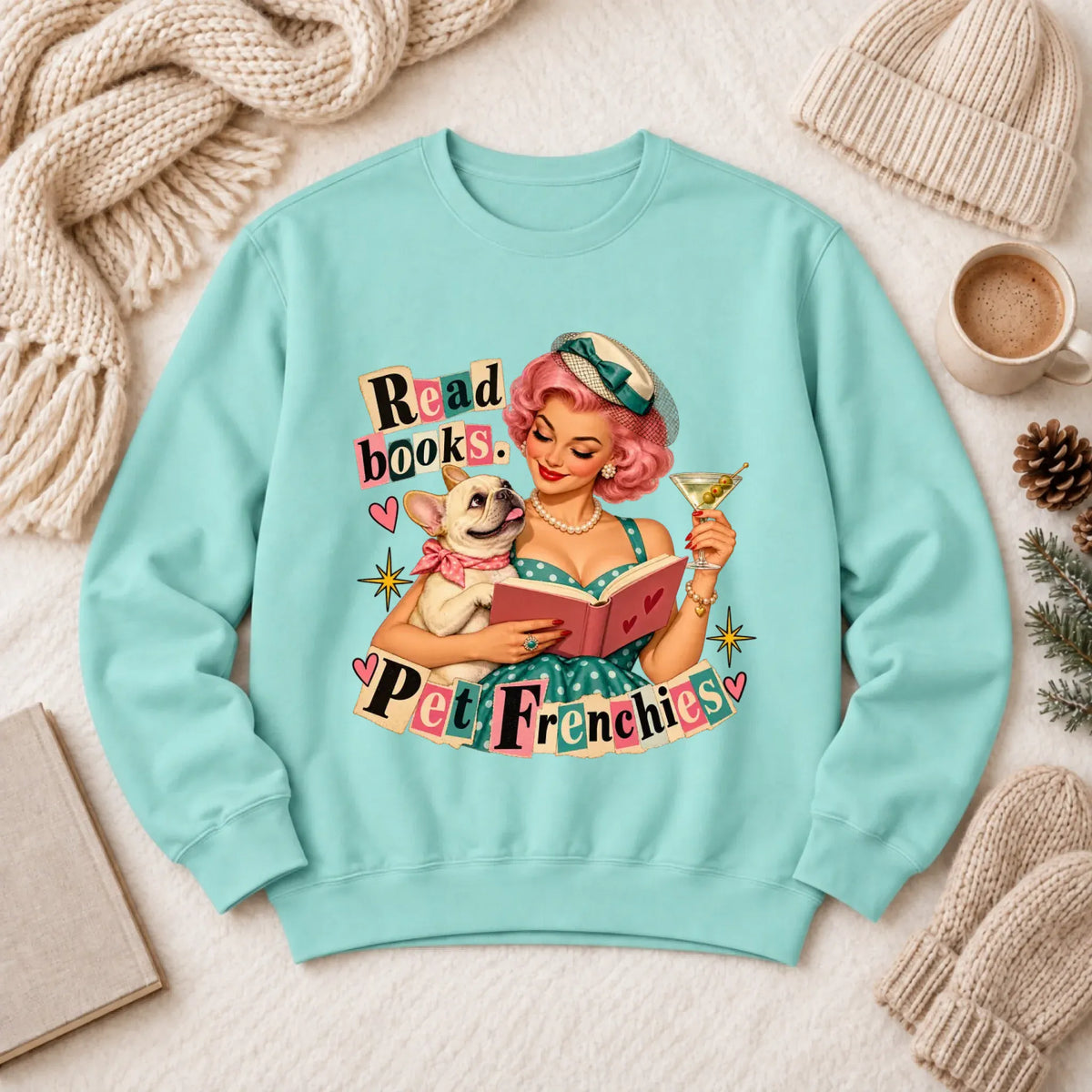 Custom French Bulldog Reading Bookish Unisex Sweatshirt Chalky Mint