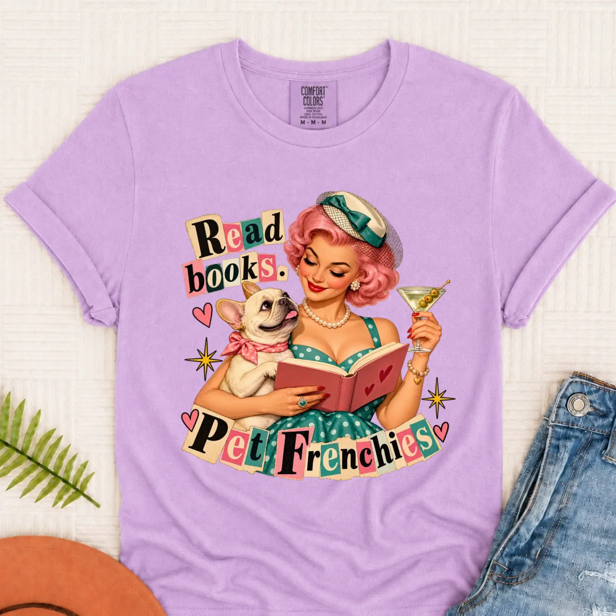Custom French Bulldog Reading Bookish Unisex Tshirt Orchid
