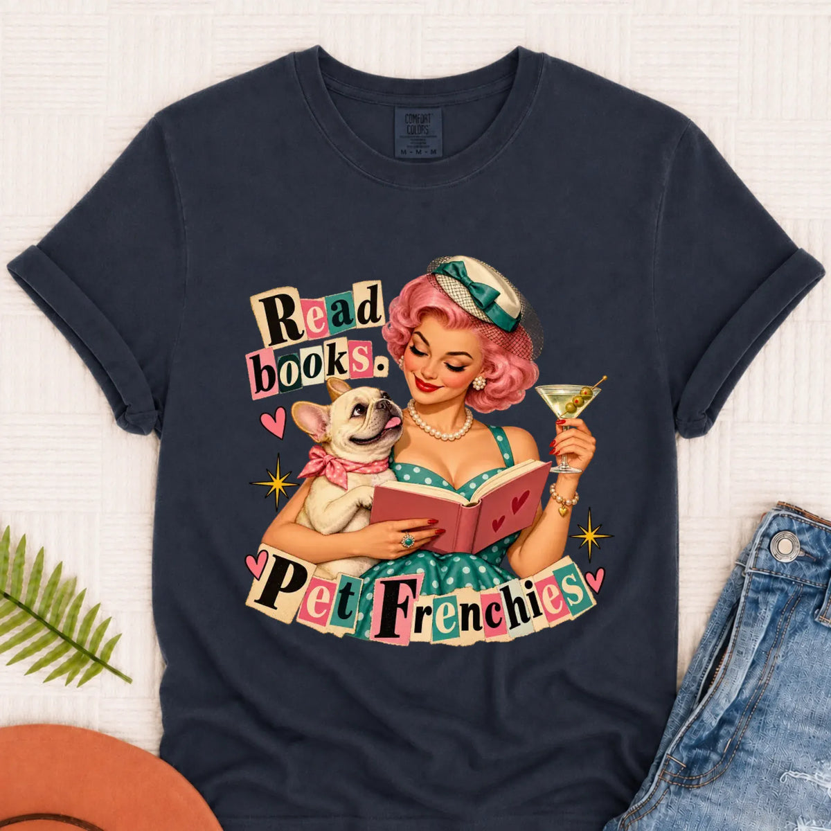 Custom French Bulldog Reading Bookish Unisex Tshirt Navy