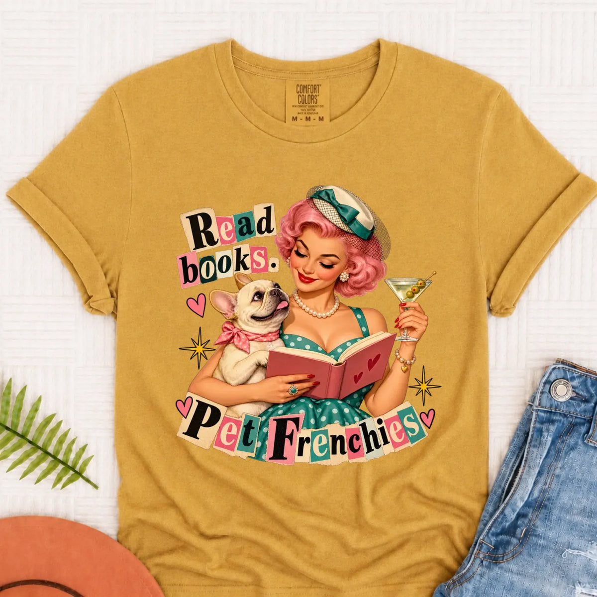 Custom French Bulldog Reading Bookish Unisex Tshirt Mustard