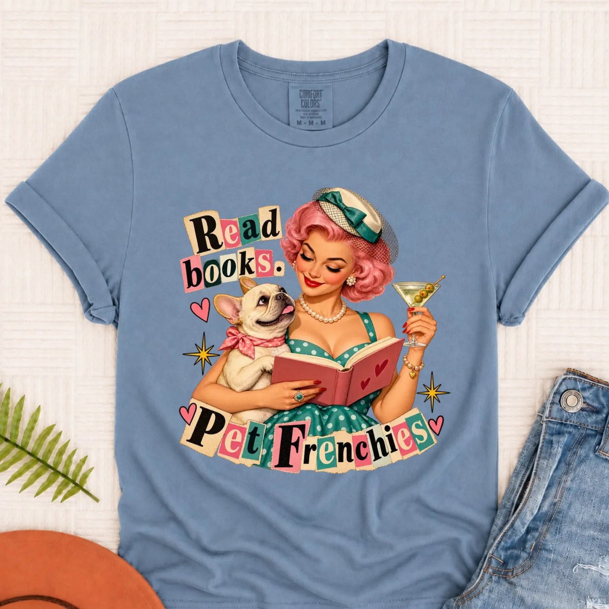 Custom French Bulldog Reading Bookish Unisex Tshirt Blue Jean
