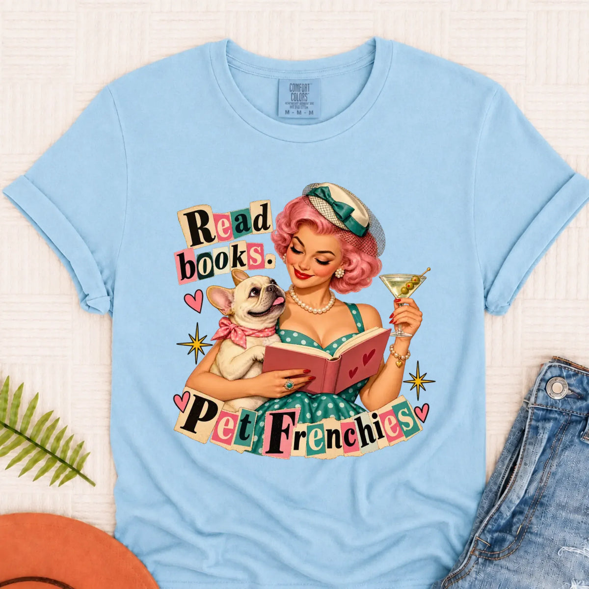 Custom French Bulldog Reading Bookish Unisex Tshirt Chambray