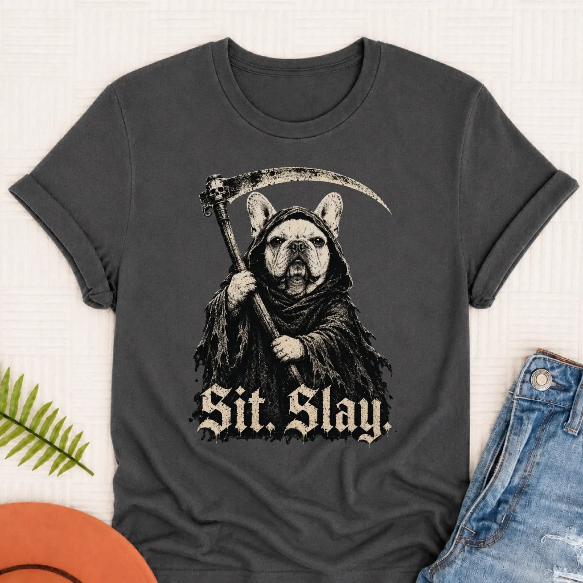 Custom French Bulldog Reaper Sit Slay Unisex Tshirt Pepper