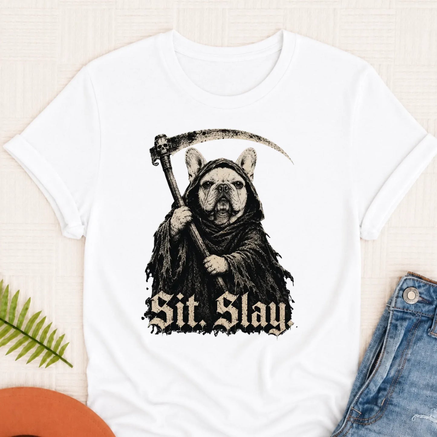 Custom French Bulldog Reaper Sit Slay Unisex Tshirt White