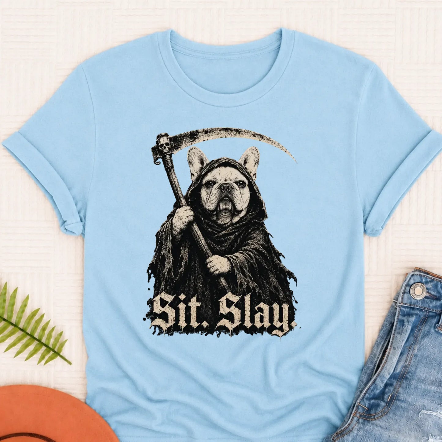 Custom French Bulldog Reaper Sit Slay Unisex Tshirt Chambray