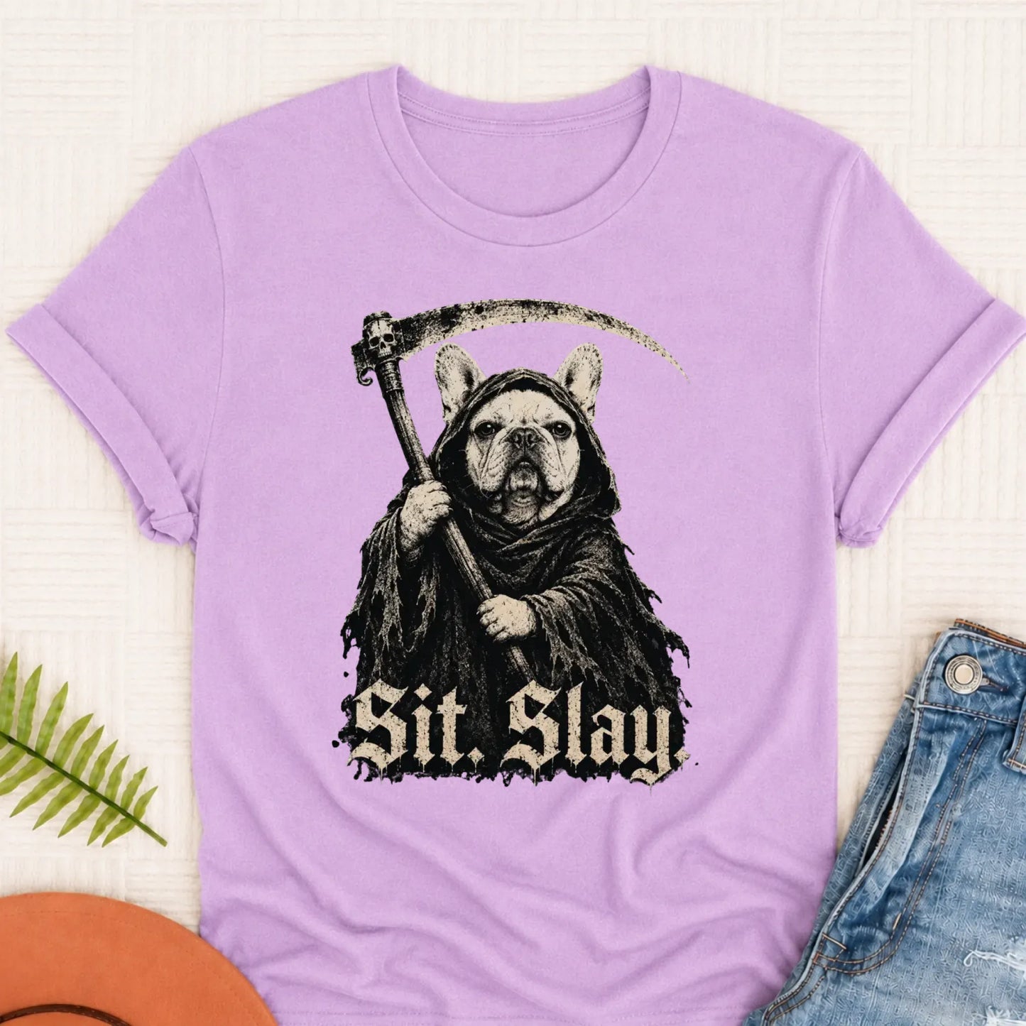 Custom French Bulldog Reaper Sit Slay Unisex Tshirt Orchid