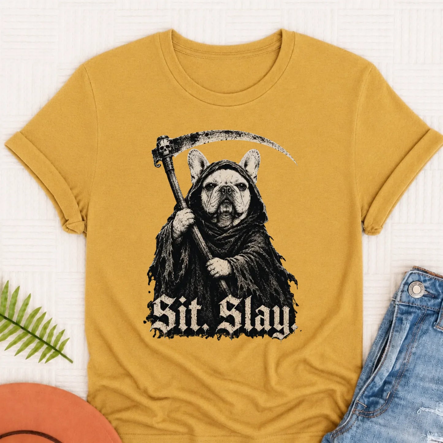Custom French Bulldog Reaper Sit Slay Unisex Tshirt Mustard