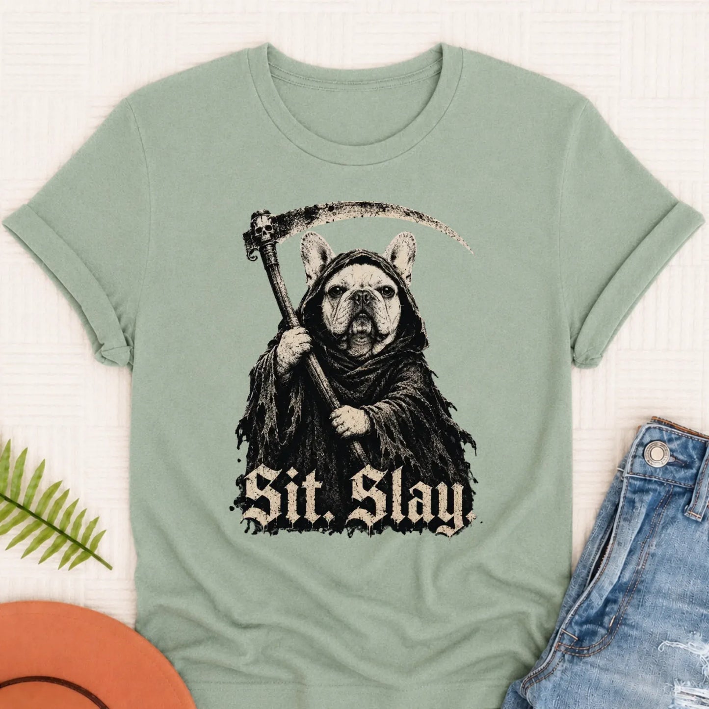 Custom French Bulldog Reaper Sit Slay Unisex Tshirt Bay
