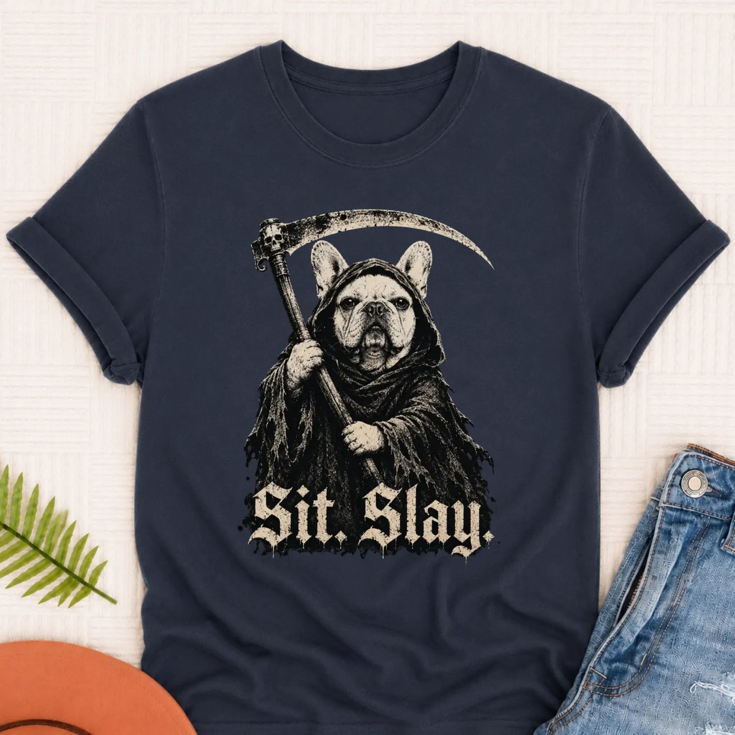 Custom French Bulldog Reaper Sit Slay Unisex Tshirt Navy