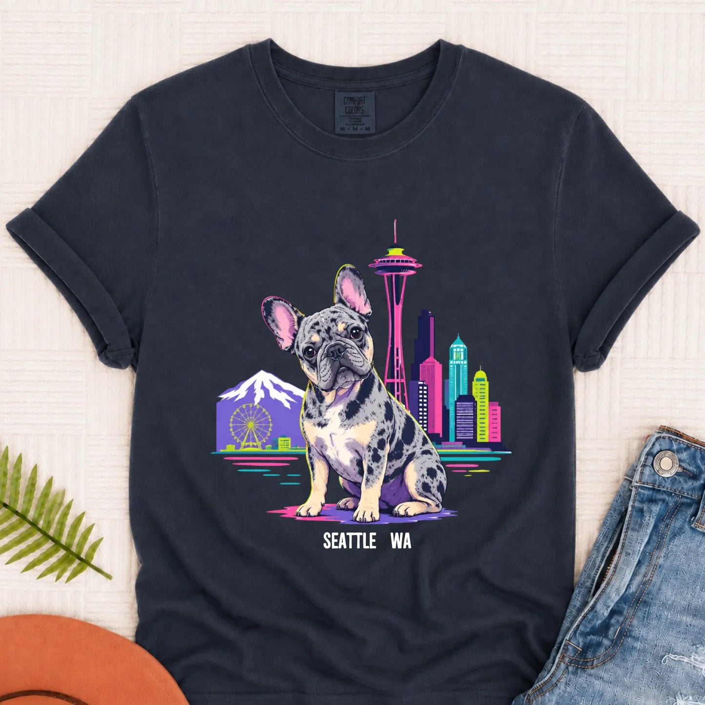 Custom French Bulldog Seattle Travel Unisex Tshirt Navy
