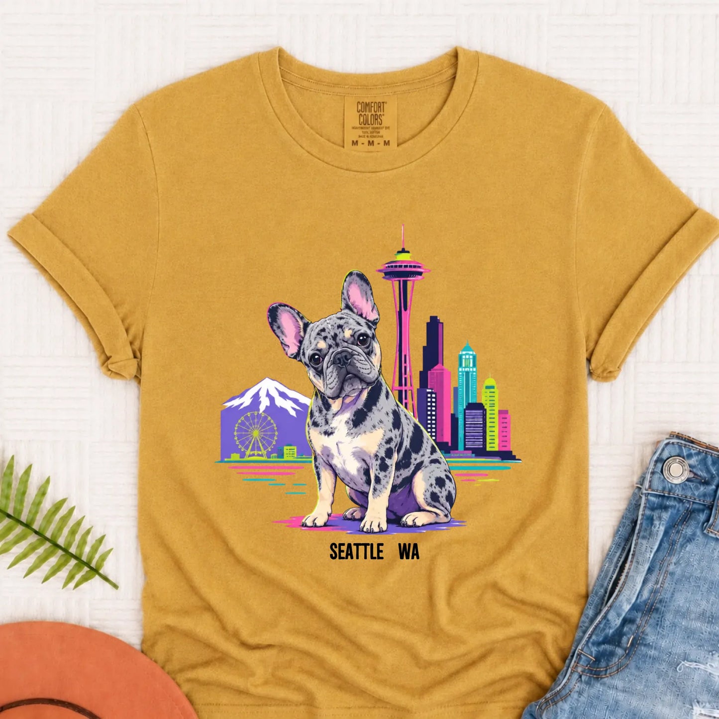 Custom French Bulldog Seattle Travel Unisex Tshirt Mustard