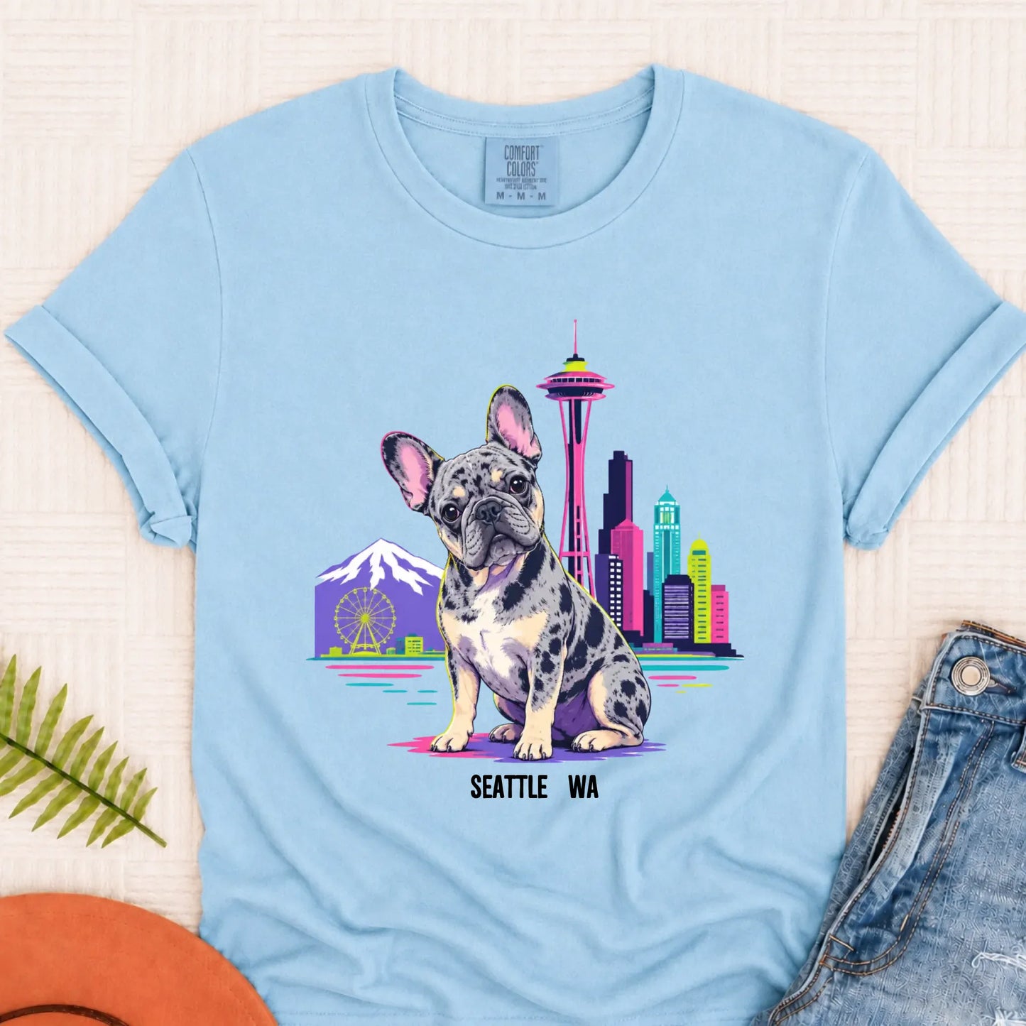 Custom French Bulldog Seattle Travel Unisex Tshirt Chambray