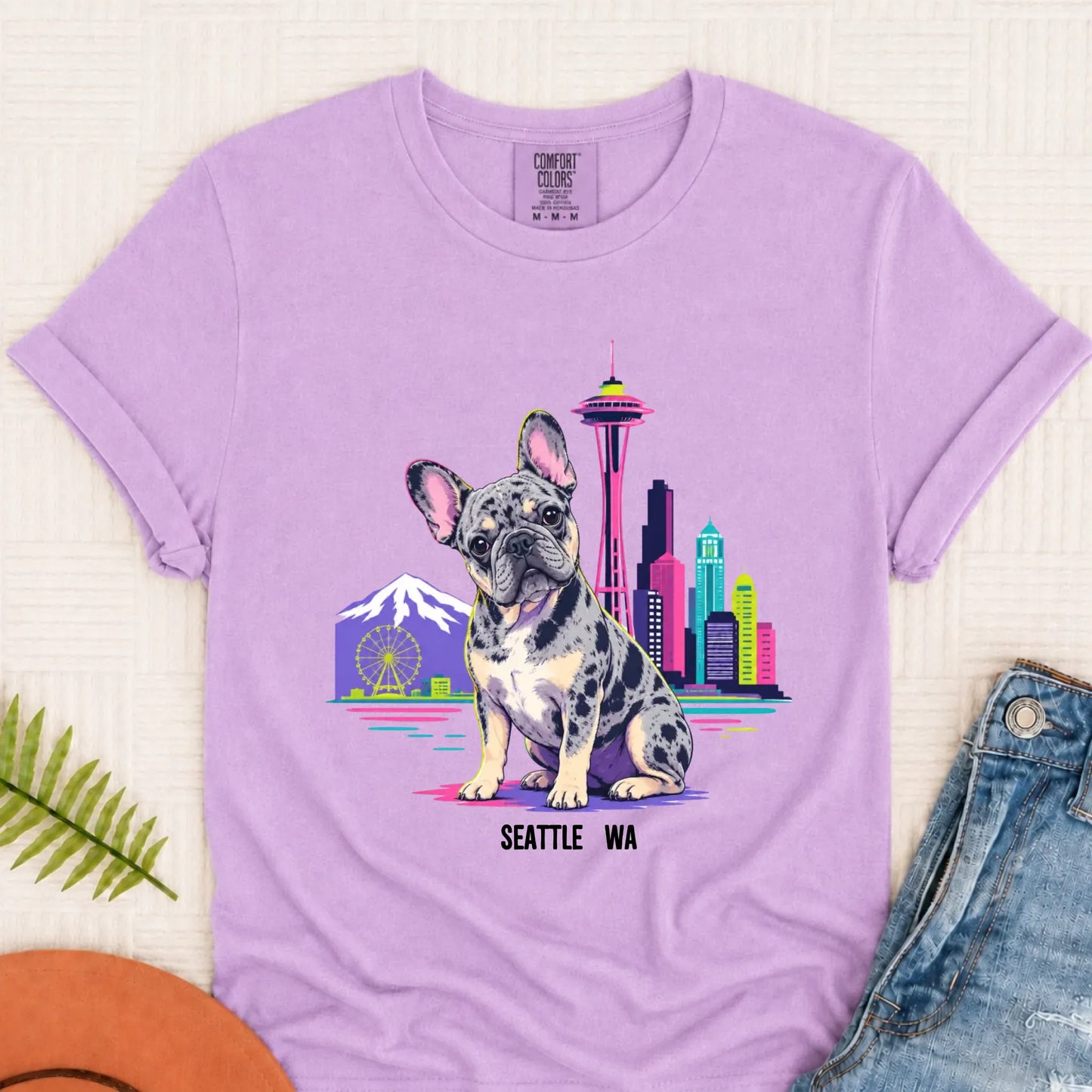 Custom French Bulldog Seattle Travel Unisex Tshirt Orchid