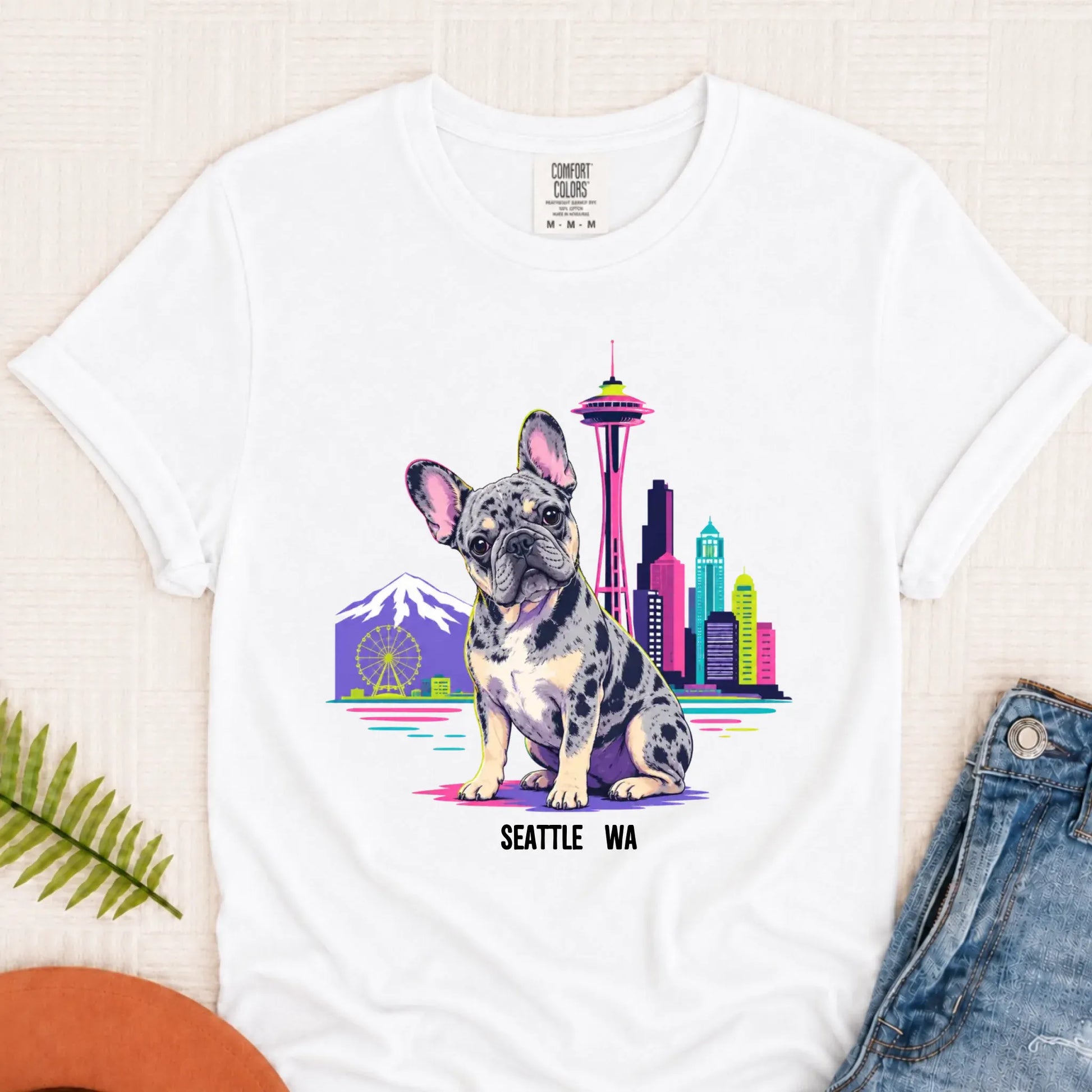 Custom French Bulldog Seattle Travel Unisex Tshirt White
