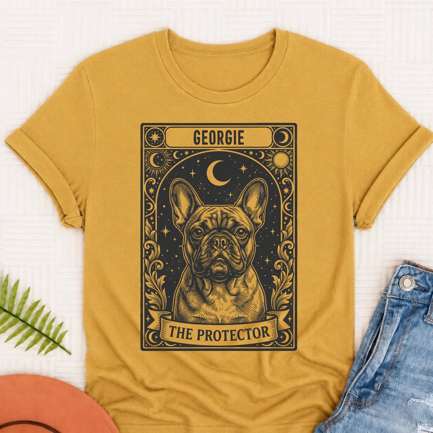 Custom French Bulldog Tarot Protector Unisex Tshirt Mustard