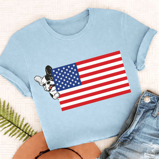 Custom French Bulldog USA Flag Unisex TShirt Chambray