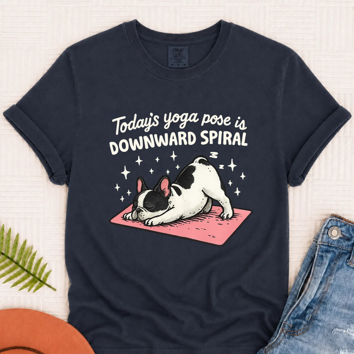Custom French Bulldog Yoga Pose Unisex TShirt Navy