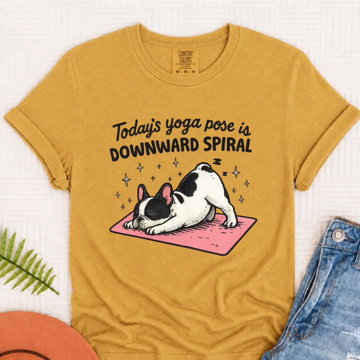 Custom French Bulldog Yoga Pose Unisex TShirt Mustard