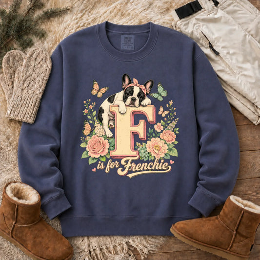 Custom Frenchie Alphabet Floral Unisex Sweatshirt Denim