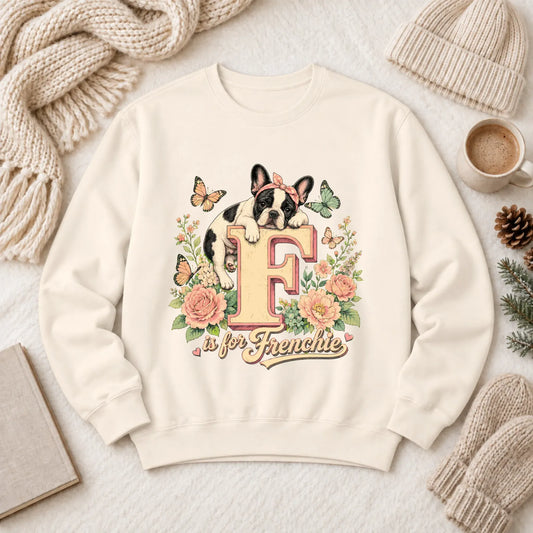 Custom Frenchie Alphabet Floral Unisex Sweatshirt Ivory