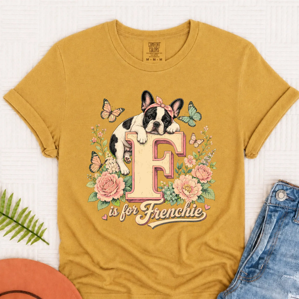 Custom Frenchie Alphabet Floral Unisex TShirt Mustard