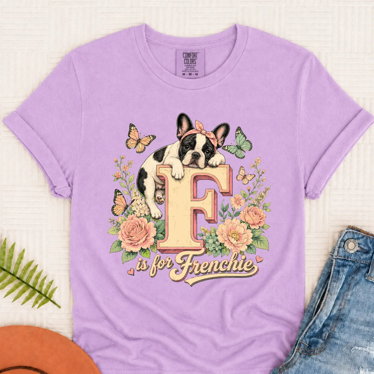 Custom Frenchie Alphabet Floral Unisex TShirt Orchid