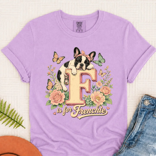 Custom Frenchie Alphabet Floral Unisex TShirt Orchid