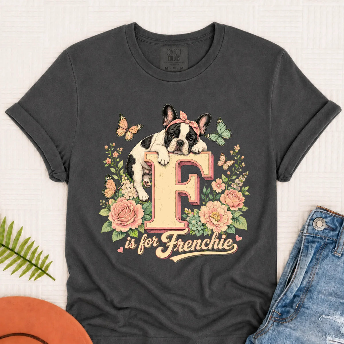 Custom Frenchie Alphabet Floral Unisex TShirt Pepper