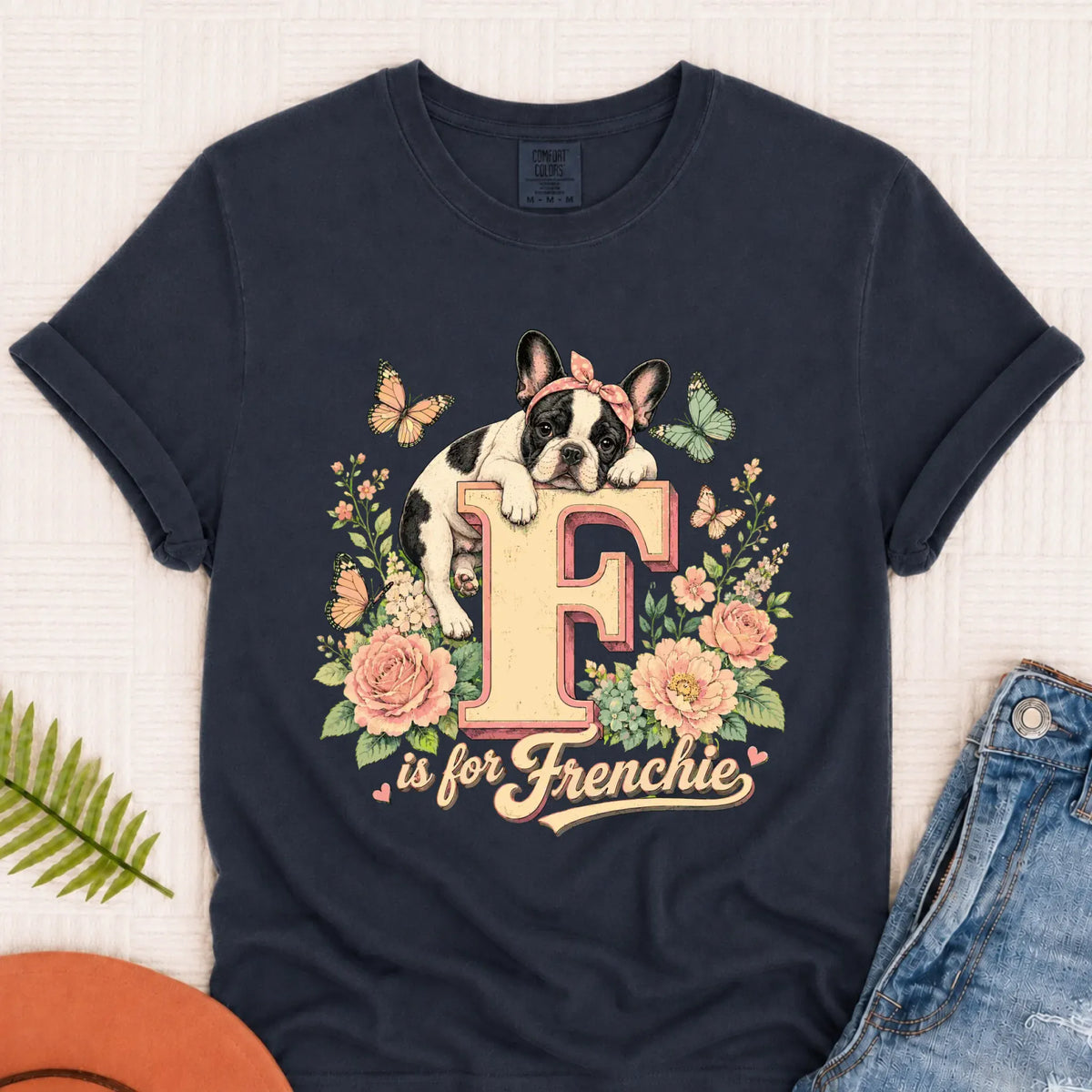 Custom Frenchie Alphabet Floral Unisex TShirt Navy