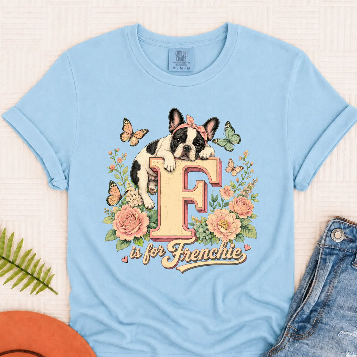 Custom Frenchie Alphabet Floral Unisex TShirt Chambray